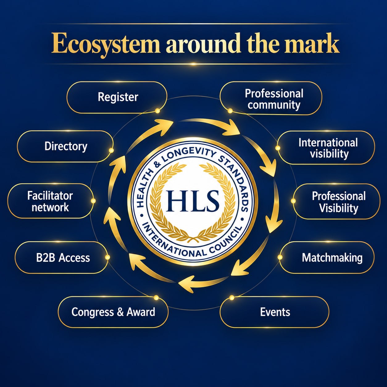 Ecosystem around the HLS mark: Register, Professional community, International visibility, Professional visibility, Matchmaking, Events, Congress & Award, B2B access, Facilitator network and Directory, arranged around the HLS International Council seal